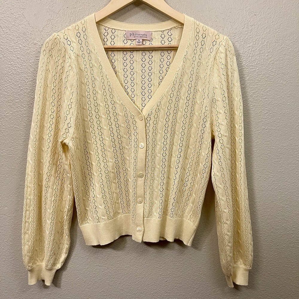 Philosophy Light Open Knit Cardigan Sweater Yellow Pastel Cottagecore Sz PL EUC
